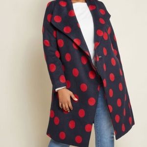 ModCloth navy and red wool polka dot winter coat w/ tie waist 1x